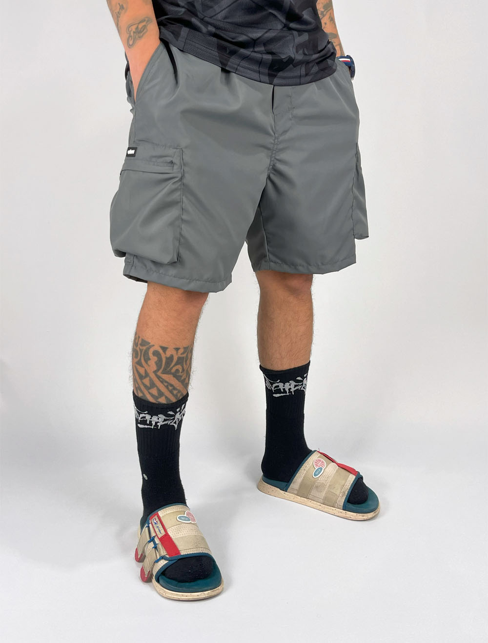 Shorts Curto Tactel Vizu07 Cargo Bolso Sacola - Cinza
