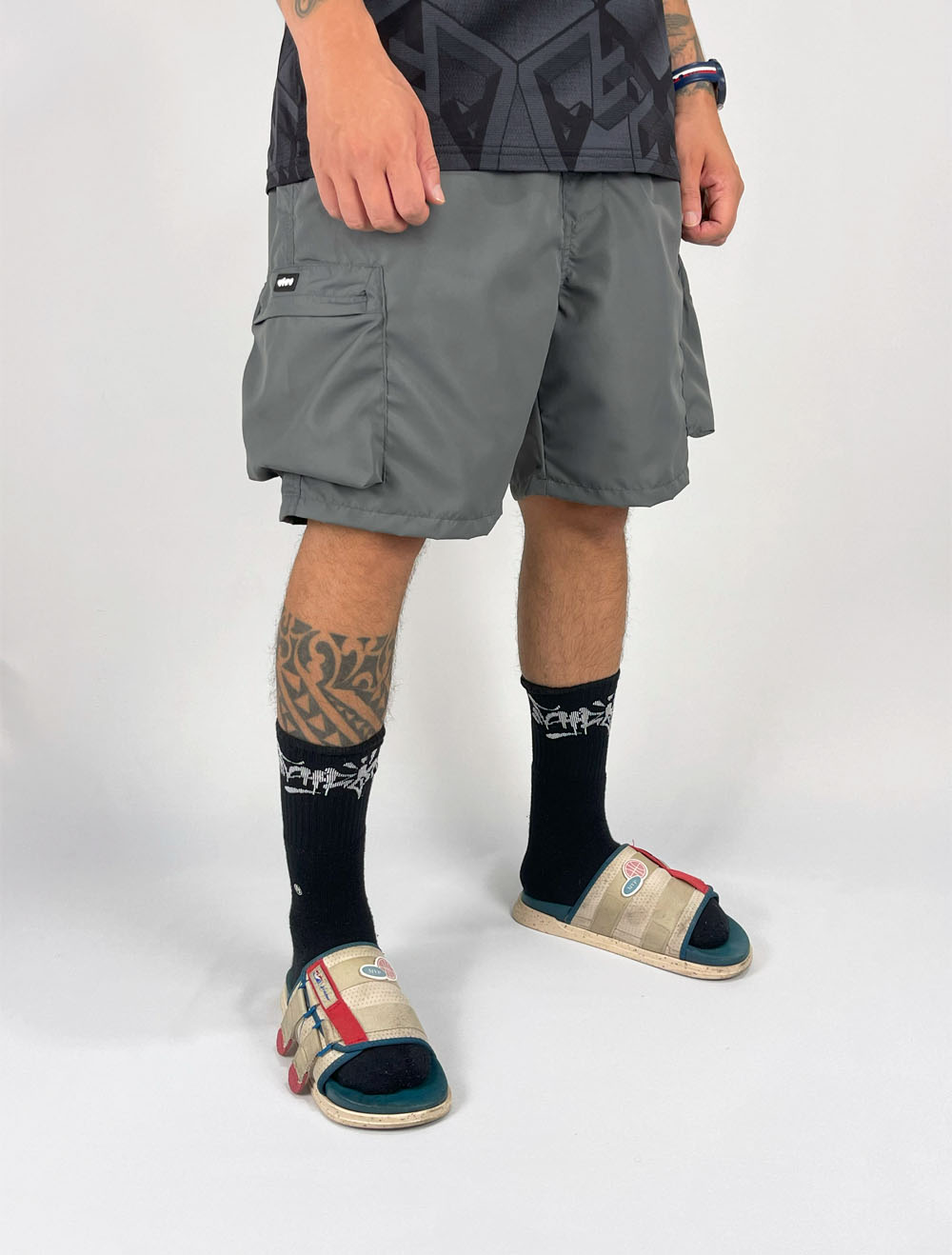 Shorts Curto Tactel Vizu07 Cargo Bolso Sacola - Cinza