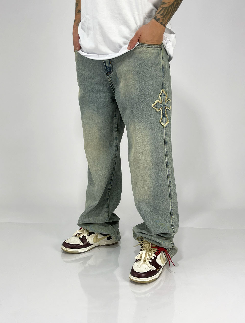 Calça jeans Baggy Denim Co Patch Cruz Lateral Vintage - Verde Água
