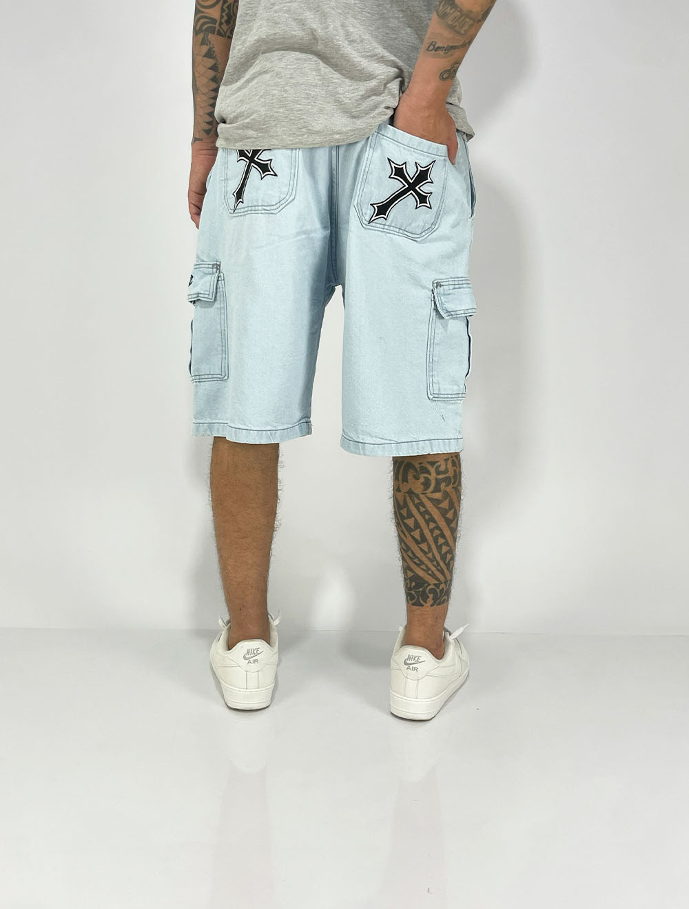 Bermuda Jeans Baggy Cargo Trip Side Cruz Right - Azul Céu