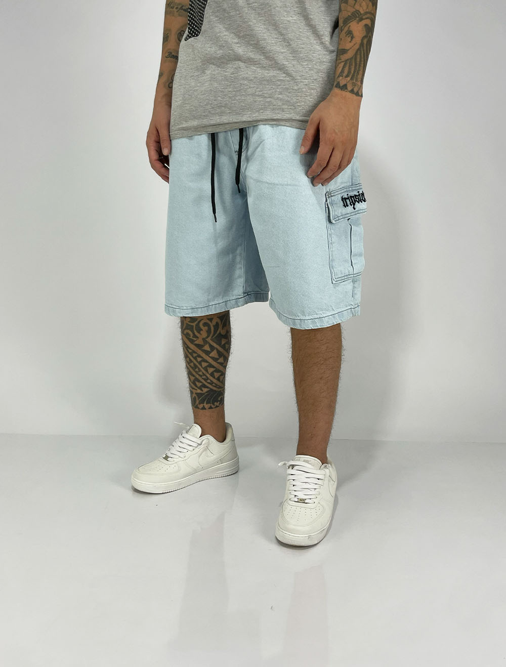Bermuda Jeans Baggy Cargo Trip Side Cruz Right - Azul Céu