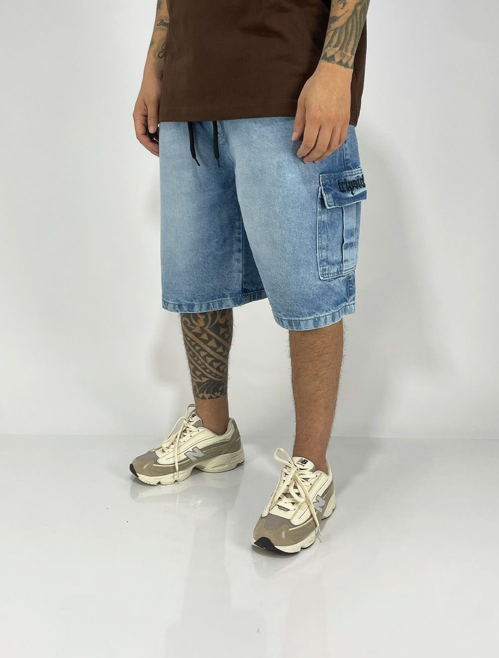 Bermuda Jeans Baggy Cargo Trip Side Cruz Right Lavagem - Azul