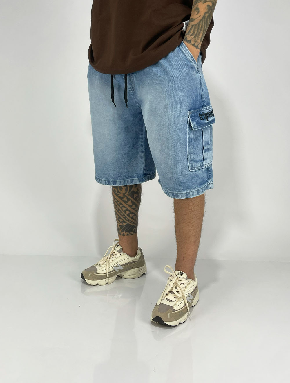 Bermuda Jeans Baggy Cargo Trip Side Cruz Right Lavagem - Azul