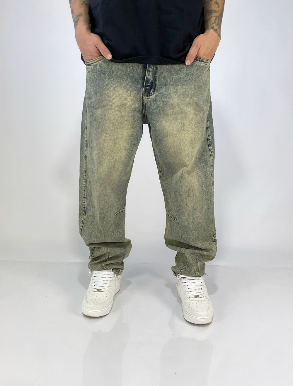 Calça Jeans Baggy Denim Co Recorte lateral e Barra - Bege