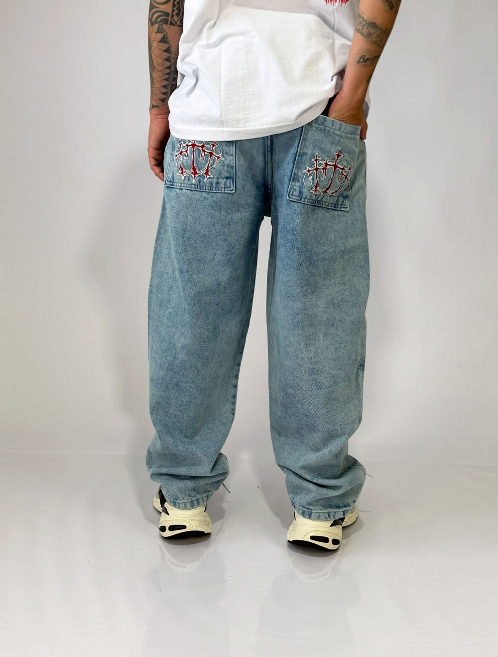 Calça Jeans Baggy Trip Side Cruz Duplo Three Lavagem Suja - Azul Claro