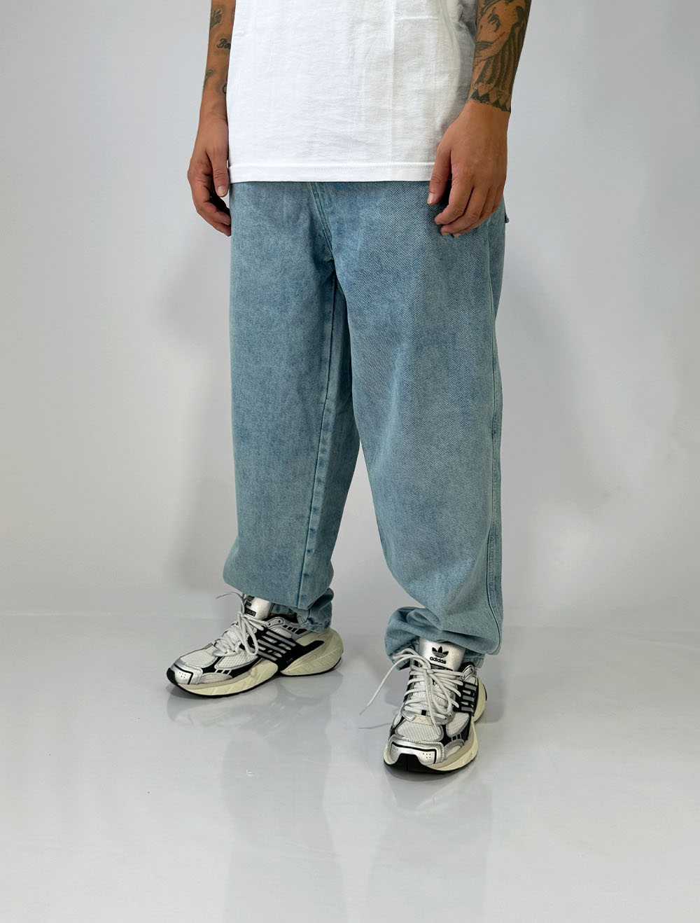 Calça Jeans Baggy Trip Side Cruz Duplo Three Lavagem Suja - Azul Claro