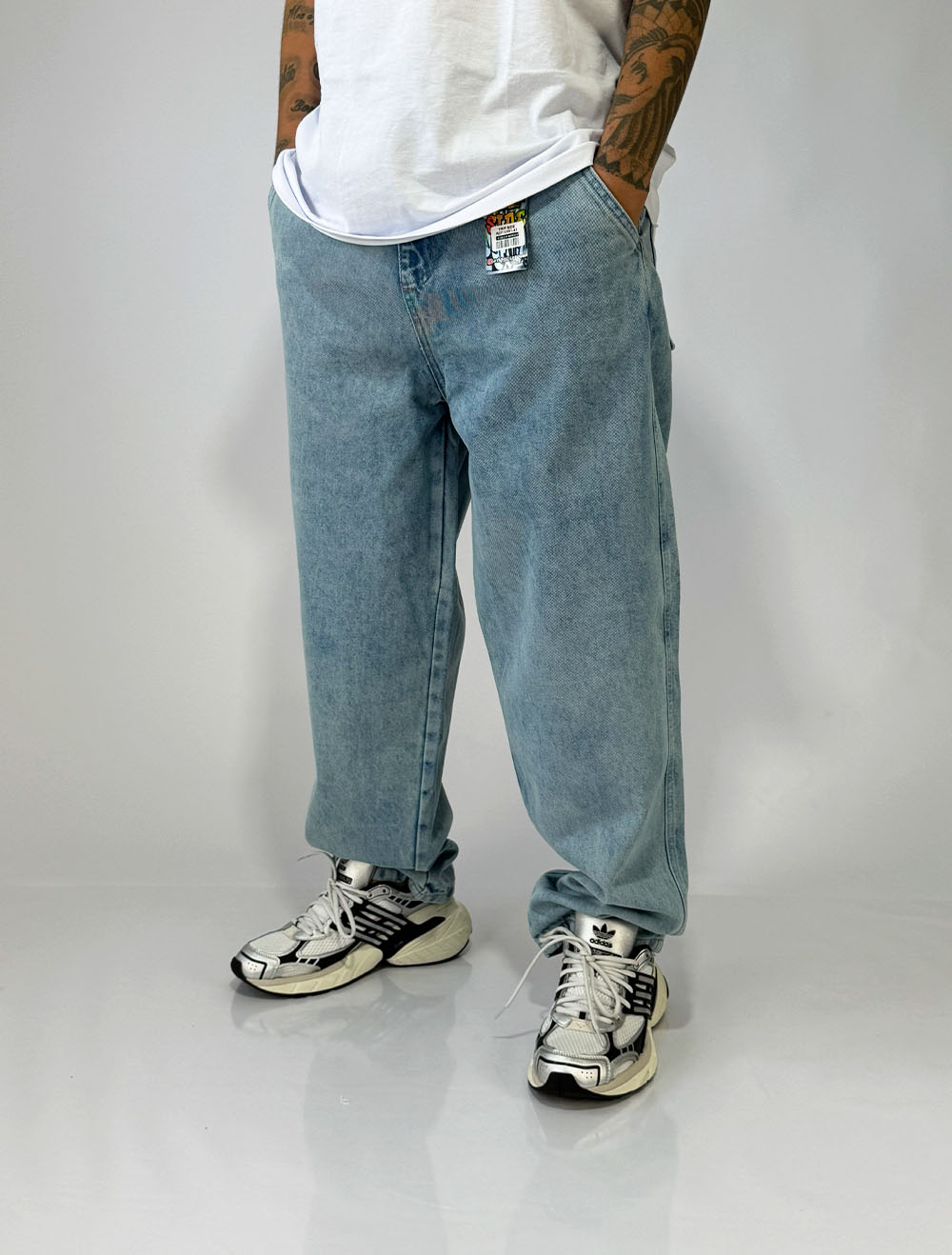 Calça Jeans Baggy Trip Side Cruz Duplo Three Lavagem Suja - Azul Claro