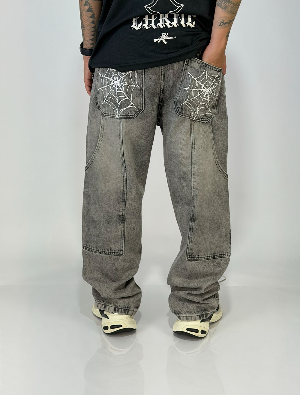 Calça Jeans Carpinteiro Trip Side Spider Web - Cinza Claro