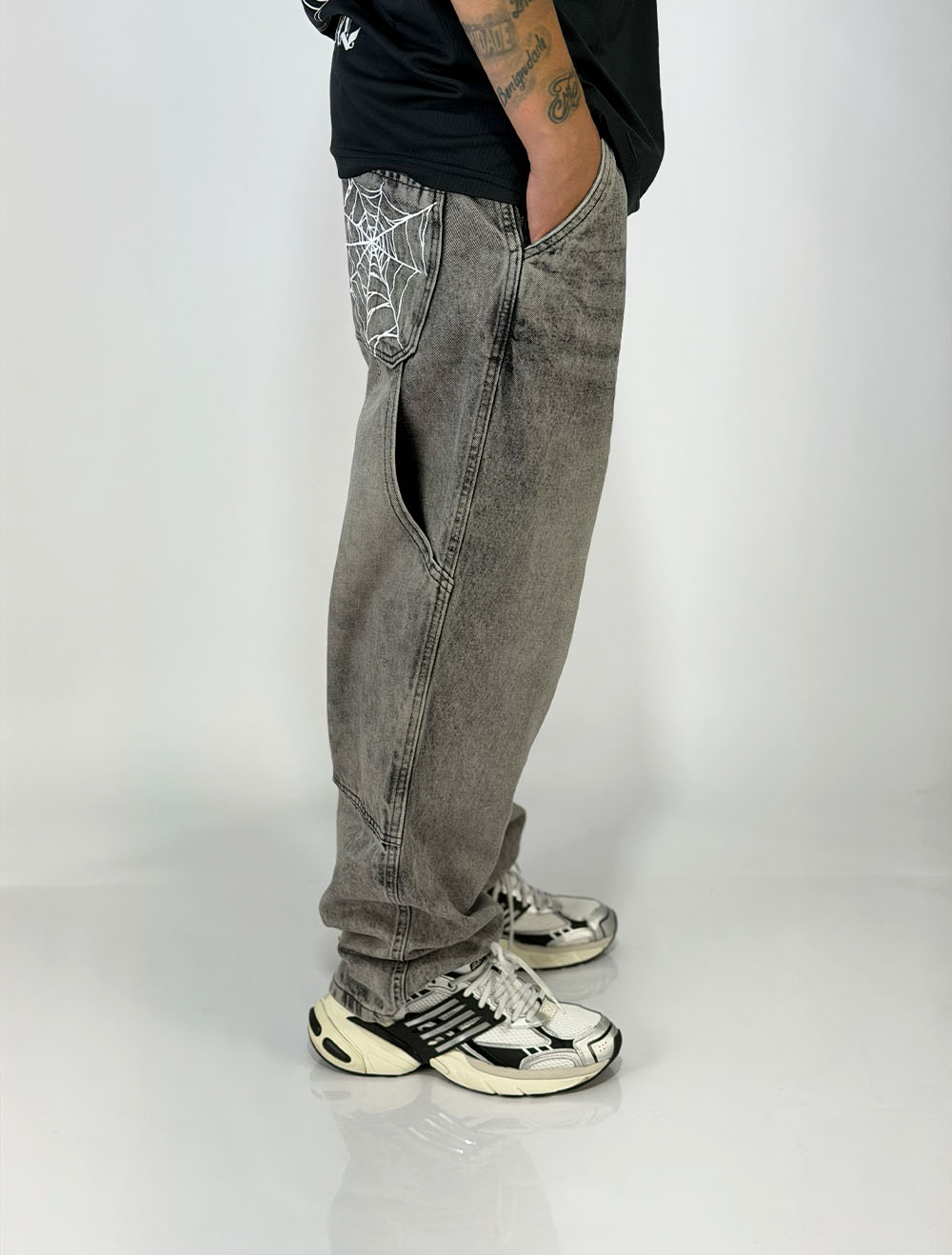 Calça Jeans Carpinteiro Trip Side Spider Web - Cinza Claro