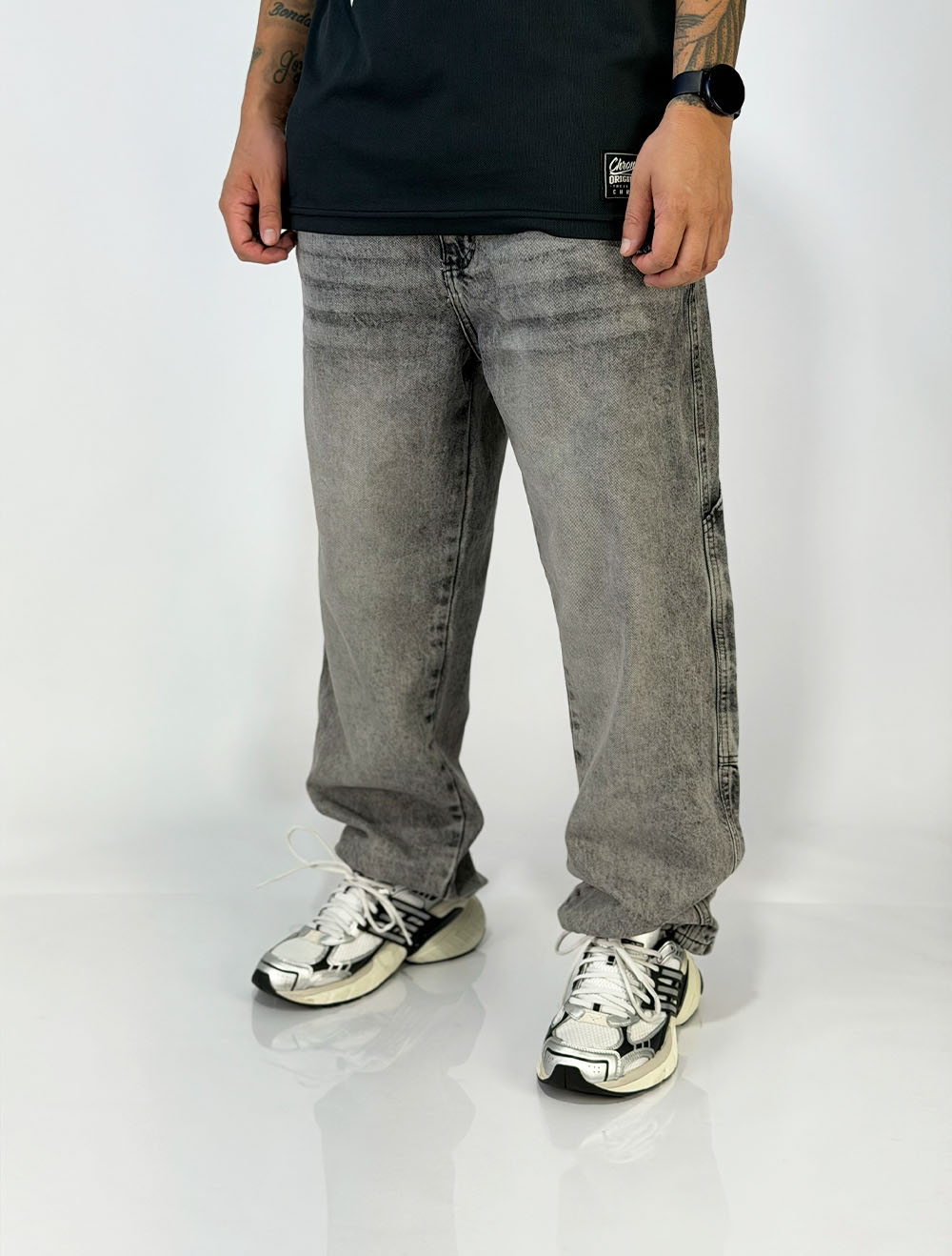 Calça Jeans Carpinteiro Trip Side Spider Web - Cinza Claro
