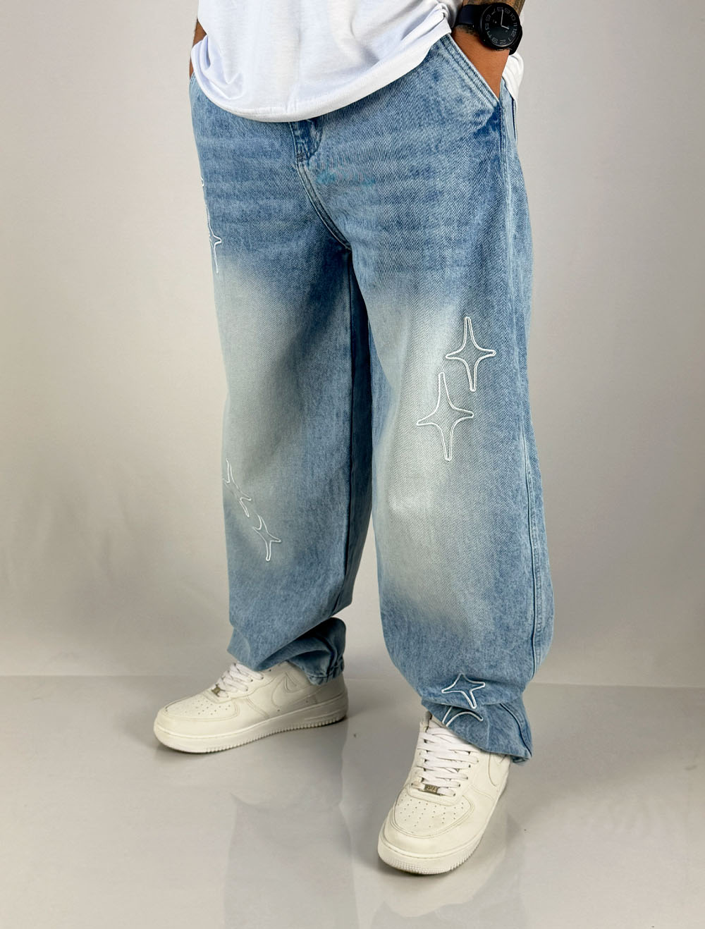 Calça Jeans Baggy Trip Side Stars Lavagem - Azul